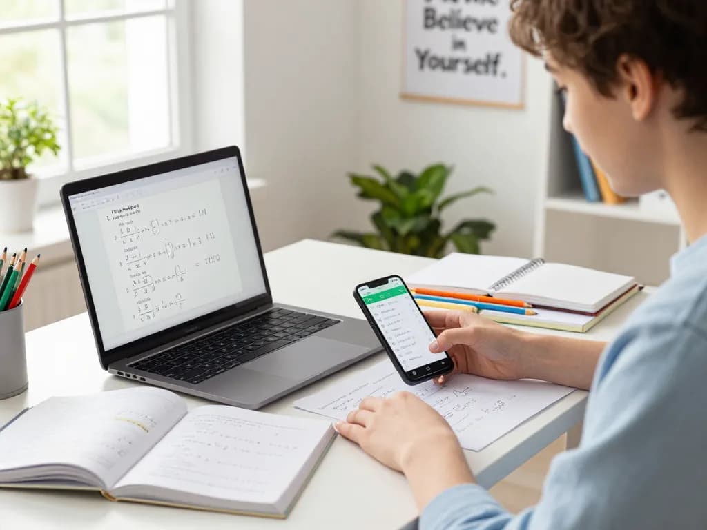 Student nutzt die Hausaufgaben Scanner App auf dem Smartphone, um Mathehausaufgaben in einem hellen Arbeitszimmer zu scannen.