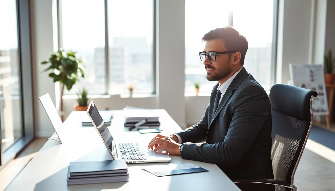 Headhunter Schweiz arbeitet in einem modernen Büro mit Fokus auf Videokonferenz.