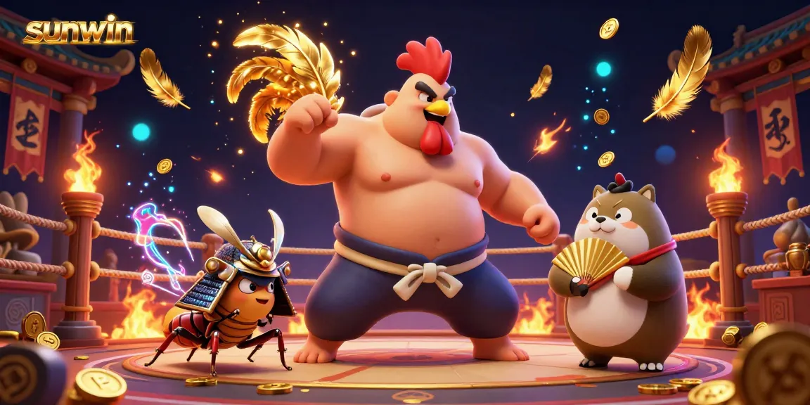 Experience thrilling action with sunwin as sumo wrestlers and samurai cricket face off in a vibrant casino arena.