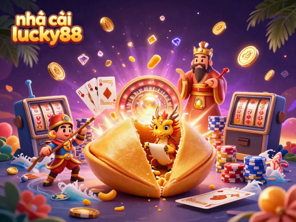 Experience the excitement of nhà cái lucky88 with golden fortune cookie and vibrant casino elements.