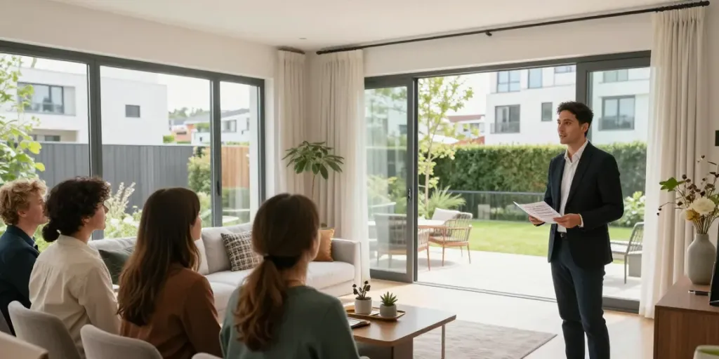 Bester Immobilienmakler Frankfurt präsentiert ein modernes Wohnobjekt in Frankfurt mit potenziellen Käufern und ansprechendem Ambiente.