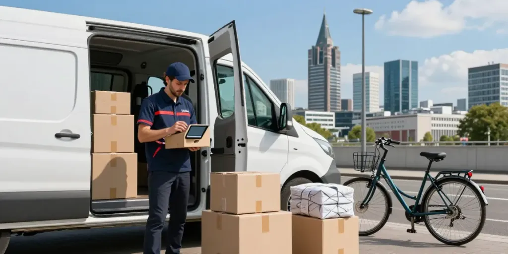 Kurierdienst in Düsseldorf: Dynamische Lieferung von Paketen mit modernem Fahrzeug und Stadtansicht.