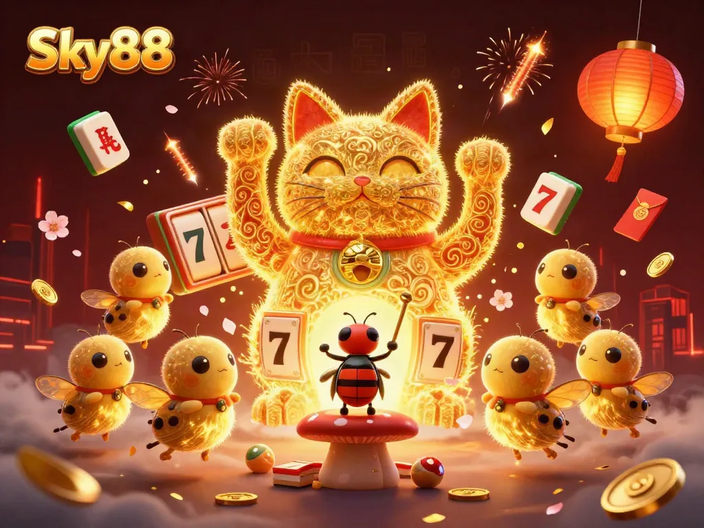 Experience vibrant gameplay at Sky88 with a dynamic illustration of a lucky cat and casino symbols.