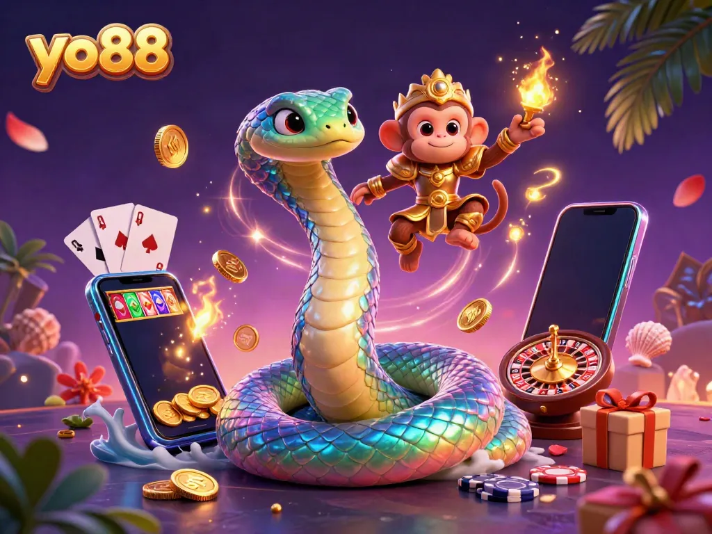 Engage with thrilling yo88 gaming action featuring a vibrant 3D serpent, dynamic slot games, and playful characters.