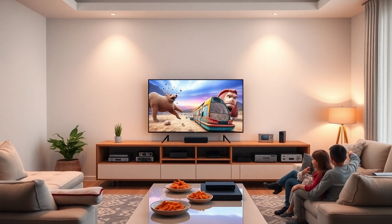 IPTV Lösung online optimal in einem modernen Wohnzimmer mit Smart-TV und Medienkonsole.