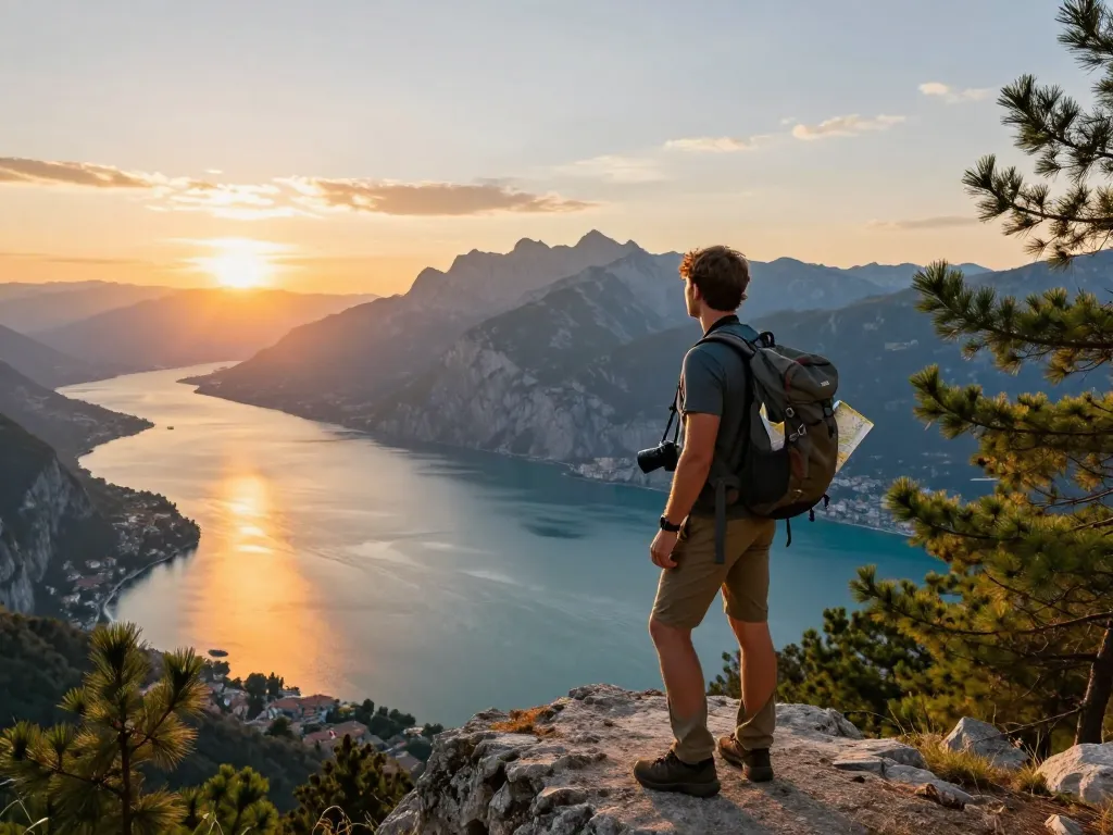 Wunderschöner Aussichtspunkt am Gardasee mit einem Reisenden, der atemberaubende Ausblicke genießt, ideal für Gardasee Reisetipps.