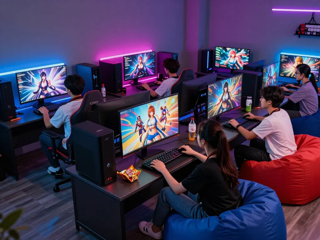 Group enjoying a hentai game session with colorful LED lights and snacks.