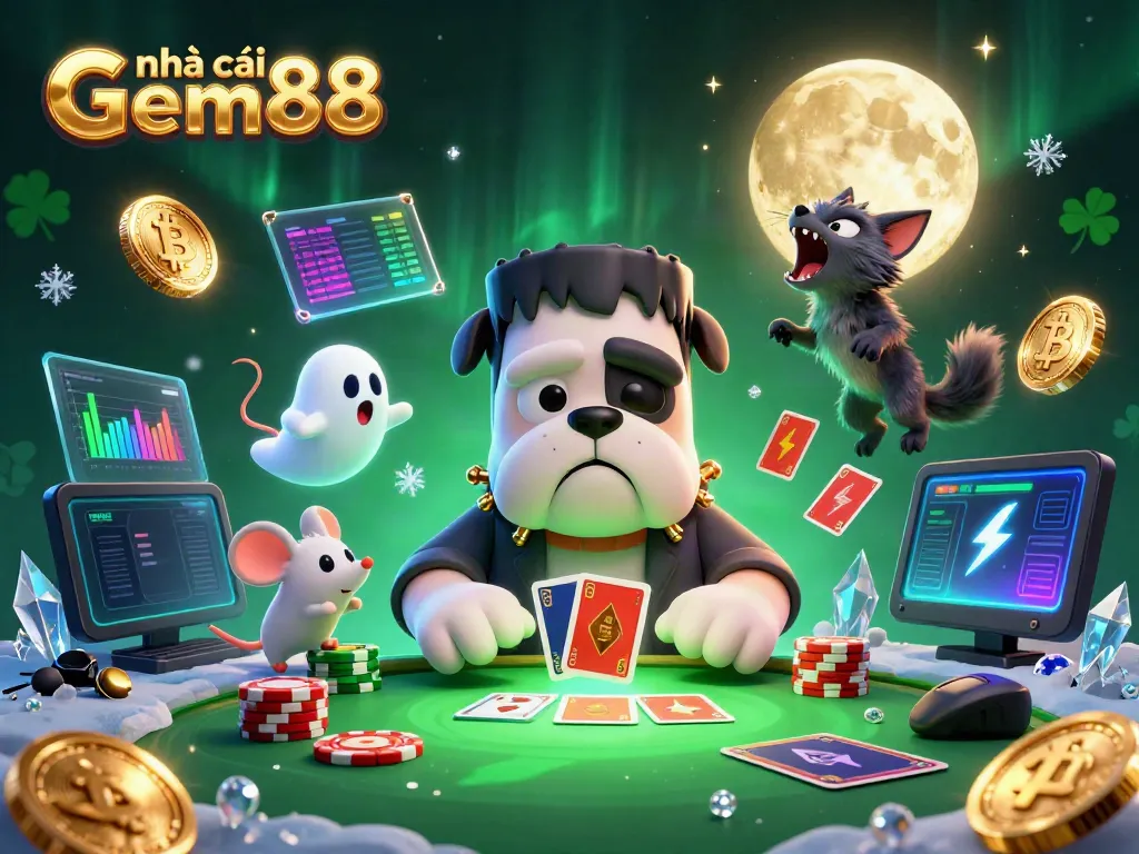 Play casino games at nhà cái gem88 with a fun 3D character scene featuring entertaining card dealing and crypto elements.