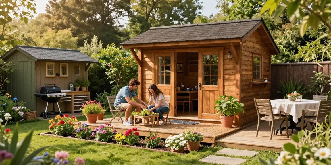 Gartenhaus kaufen: Gemütlicher Garten mit Holz-Gartenhaus und sonnigem Ambiente.