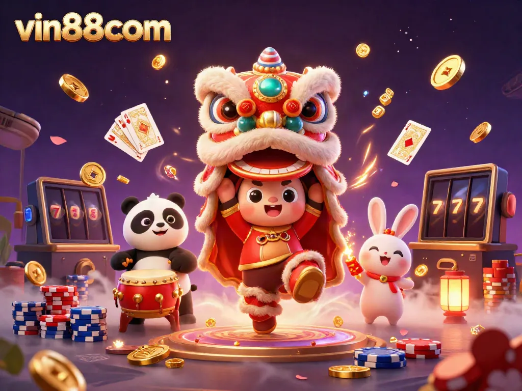A dynamic vin88com themed illustration showcasing a lion dance, drumming panda, and more amid vibrant casino elements.