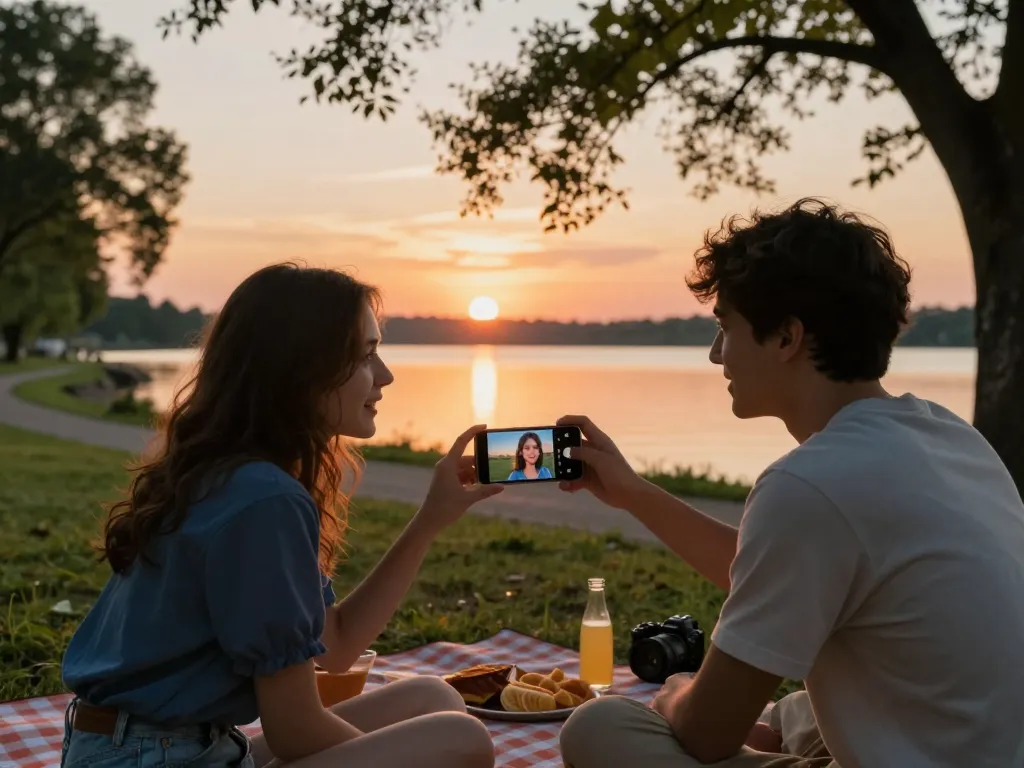 Engaging with a girlfriend AI in a romantic outdoor setting during sunset, showcasing companionship and technology.