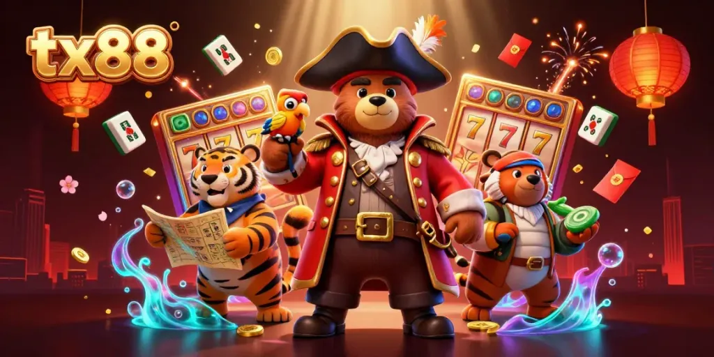 Experience the thrill of tx88 with a pirate captain bear and friends amidst vibrant casino elements.