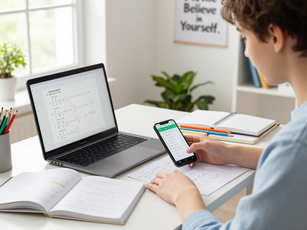 Student nutzt die Hausaufgaben Scanner App auf dem Smartphone, um Mathehausaufgaben in einem hellen Arbeitszimmer zu scannen.