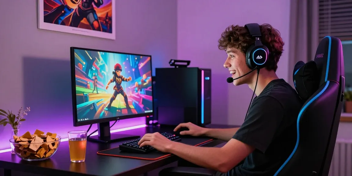 ผู้เล่นกำลังเล่น playme8 บนคอมพิวเตอร์ในห้องเกมที่มีบรรยากาศอบอุ่น