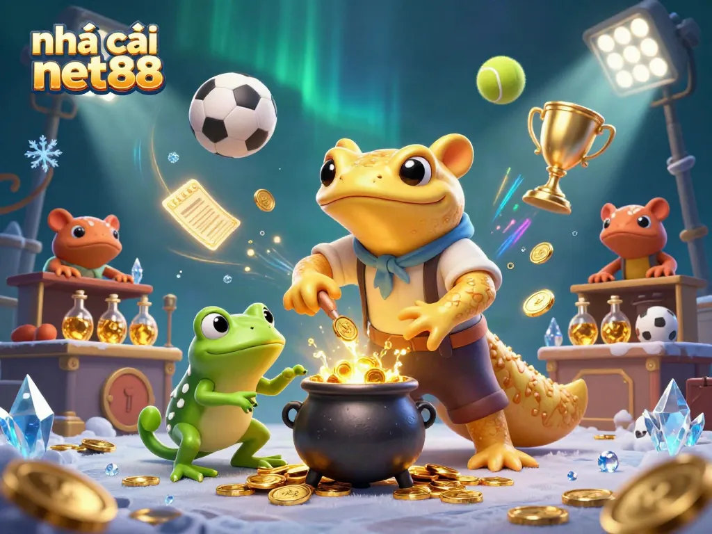 Watch the nhà cái net88 experience with golden alchemist characters surrounded by dynamic sports betting elements.