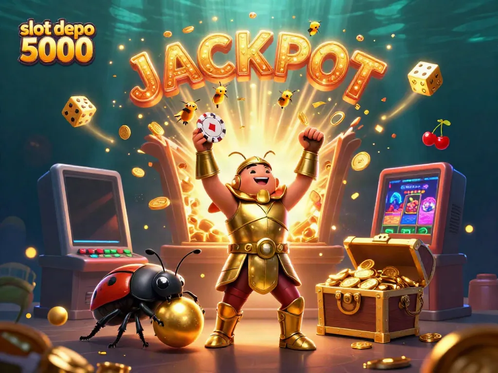 Experience the thrill of slot depo 5000 with vibrant cartoon imagery featuring impressive jackpot elements and exciting casino themes.