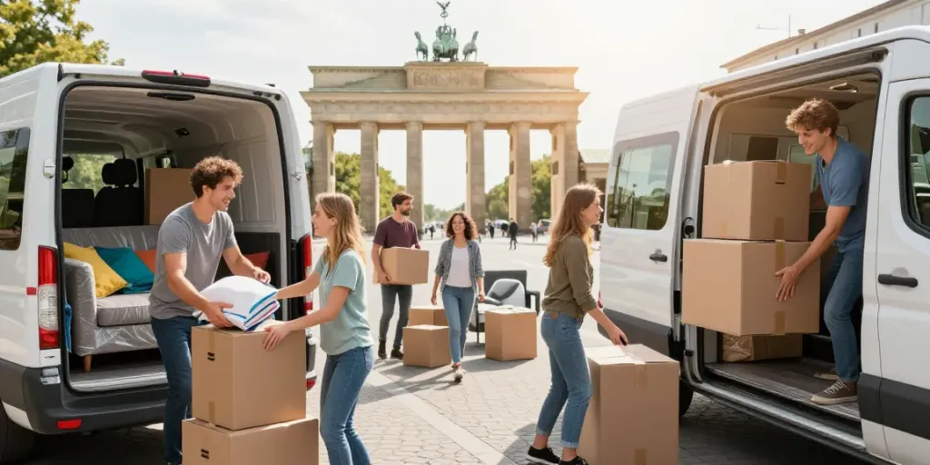 Umzug Berlin scene showing a family happily packing moving boxes in Berlin.