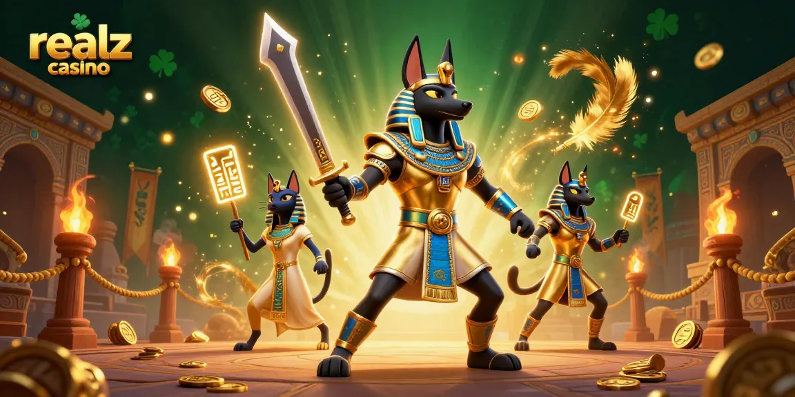 Engage with realz casino, as Anubis and Bastet create a vibrant 3D gaming arena full of gold and excitement.
