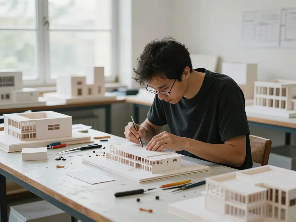 Architekturmodellbau Dänemark - Handwerker erstellt präzise Architekturmodelle in einem gut beleuchteten Arbeitsraum.