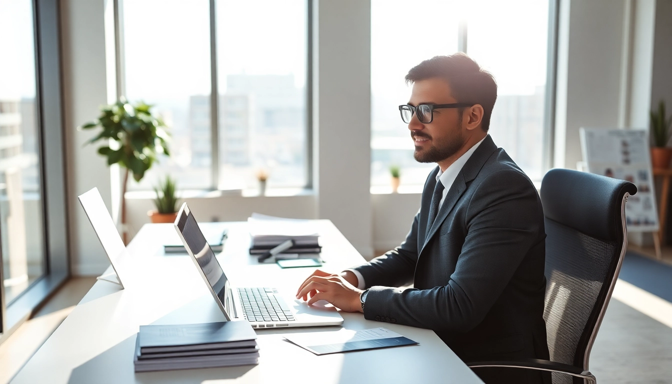 Headhunter Schweiz arbeitet in einem modernen Büro mit Fokus auf Videokonferenz.