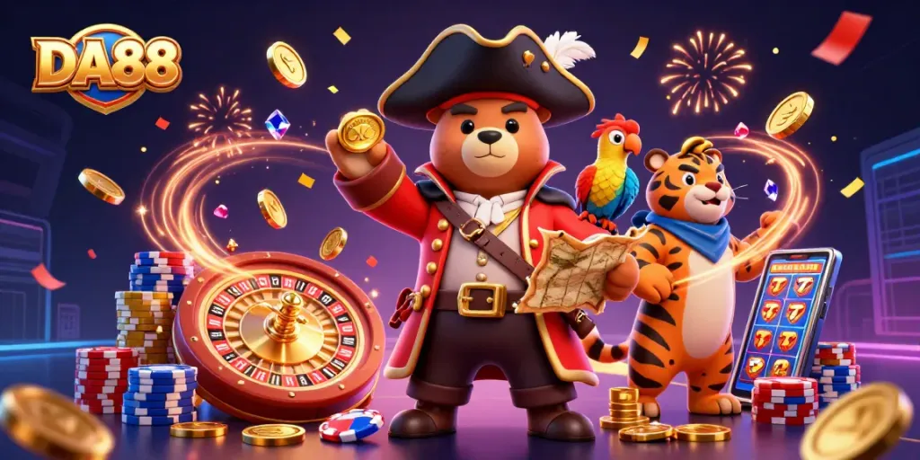 Experience festive winnings at DA88 with a cartoon pirate captain, tiger, and renowned gaming elements.