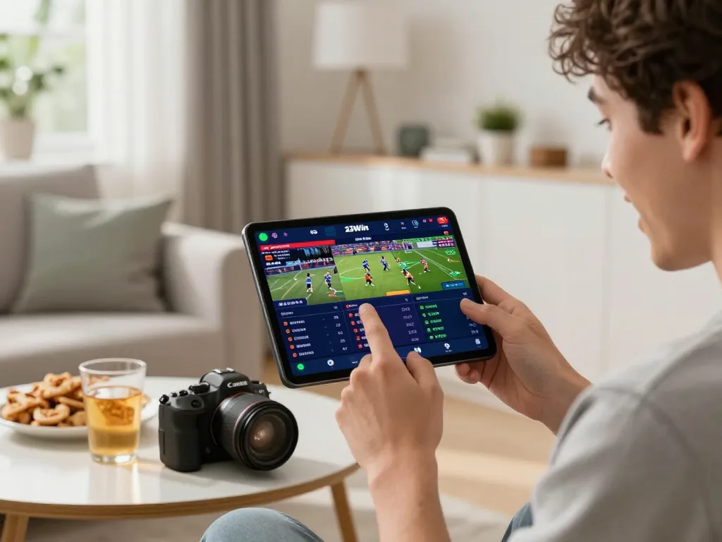 Engaging with sports betting app on 23Win in a lively home setting, showcasing excitement.