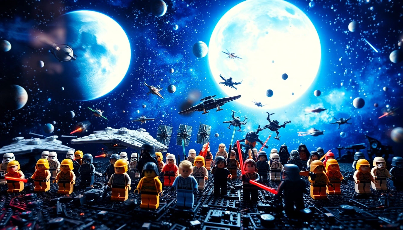 Lego Star Wars Figuren in einer epischen Schlacht mit Raumschiffen und Galaxie.