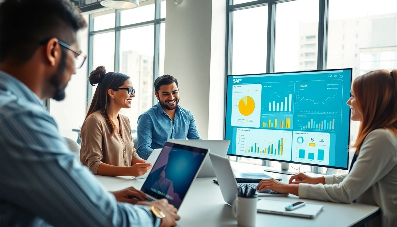 Effiziente Teamarbeit mit SAP ERP in moderner Bueroatmosphaere zeigen.