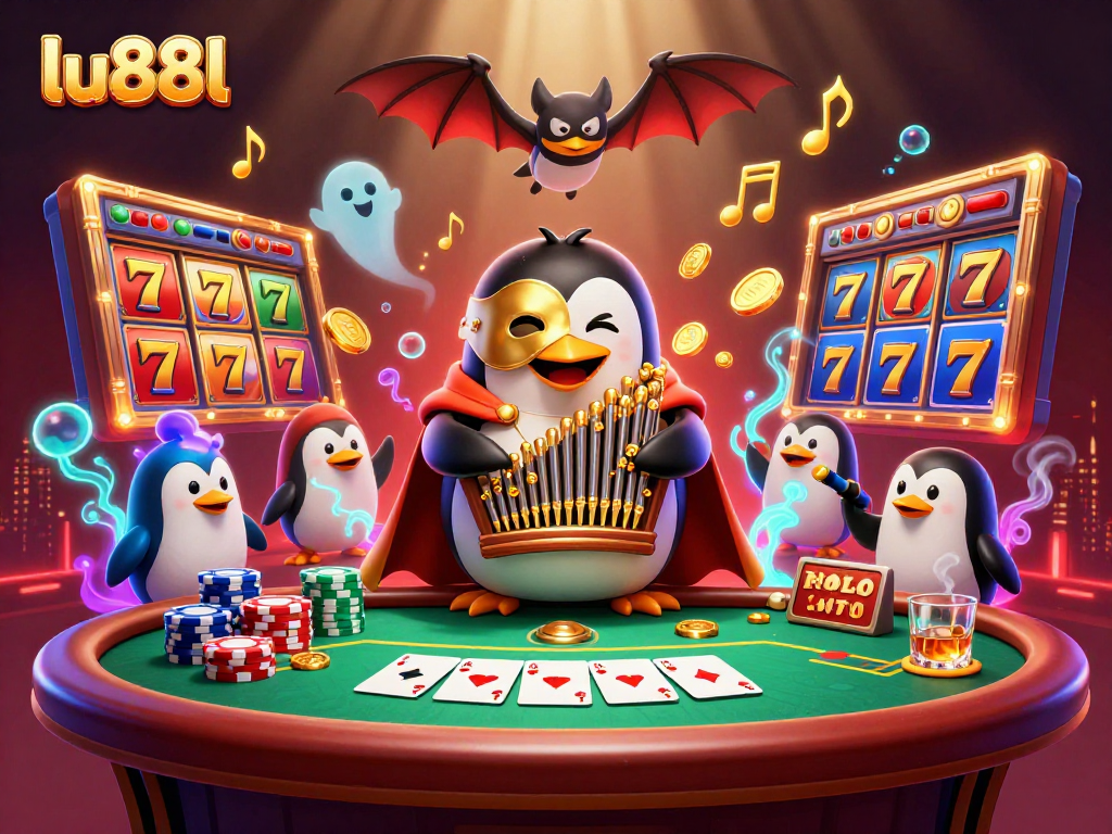 Experience gaming thrills at lu88l with a thrilling scene featuring a penguin organist amidst dazzling casino elements.