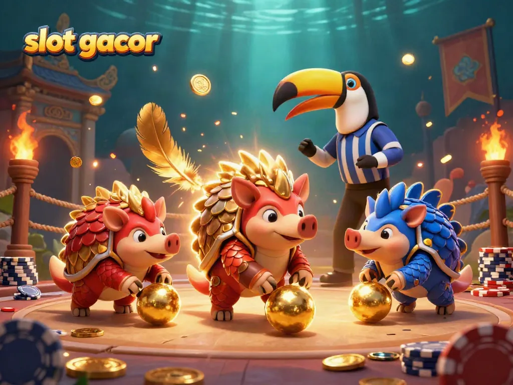 Engage with the slot gacor action as rival pangolins roll into gold and bowling through chips in an exciting casino scene.