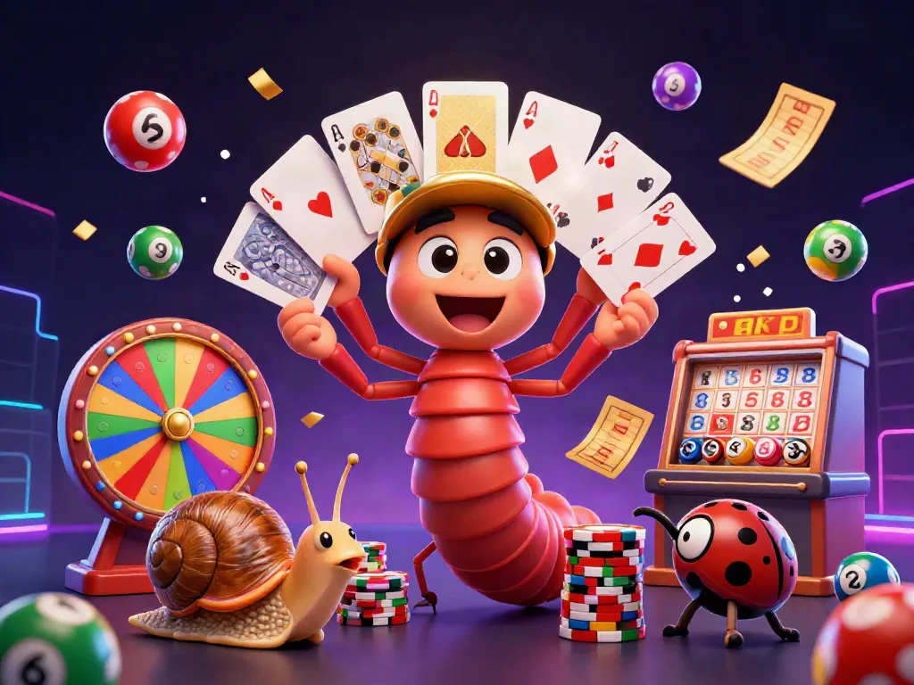 Lode88 cartoon casino scene featuring a millipede dealer and colorful lottery elements.