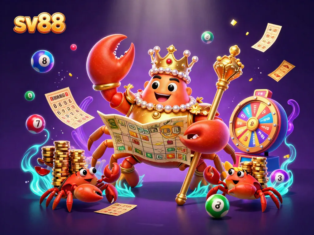 Engage with sv88's vibrant gambling world featuring a golden crab emperor among colorful game elements.