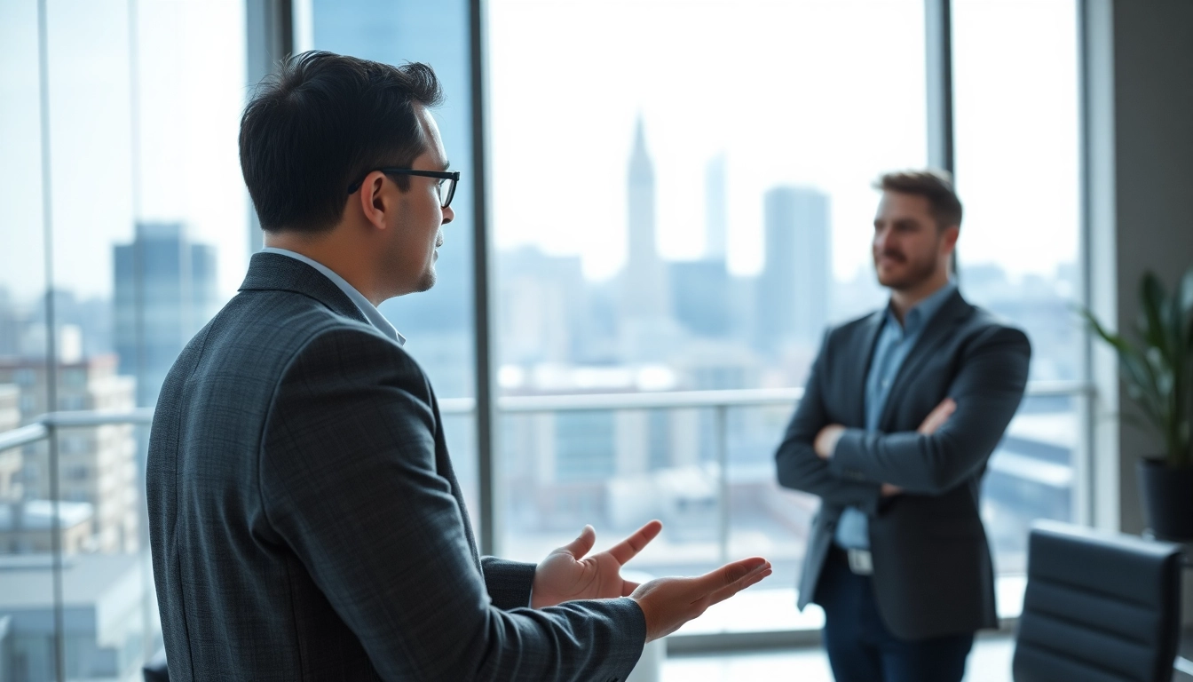Headhunter Ingenieure im Gespräch mit einem talentierten Ingenieur in modernem Büro.
