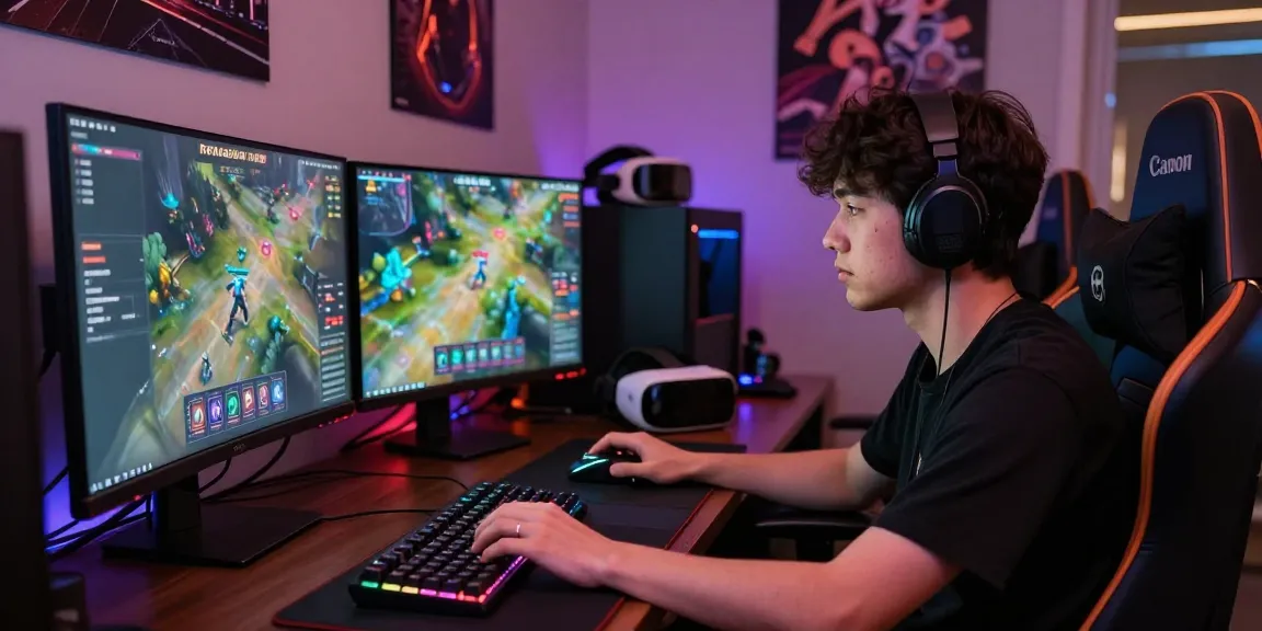 Engaging gamer using FAFA828 platform in a vibrant gaming room with multiple screens and advanced gear.