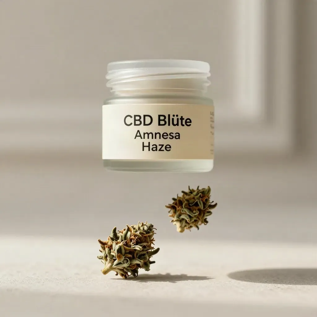 Schwebendes Glas mit CBD-Blüten und zwei Buds vor hellem Studiohintergrund.