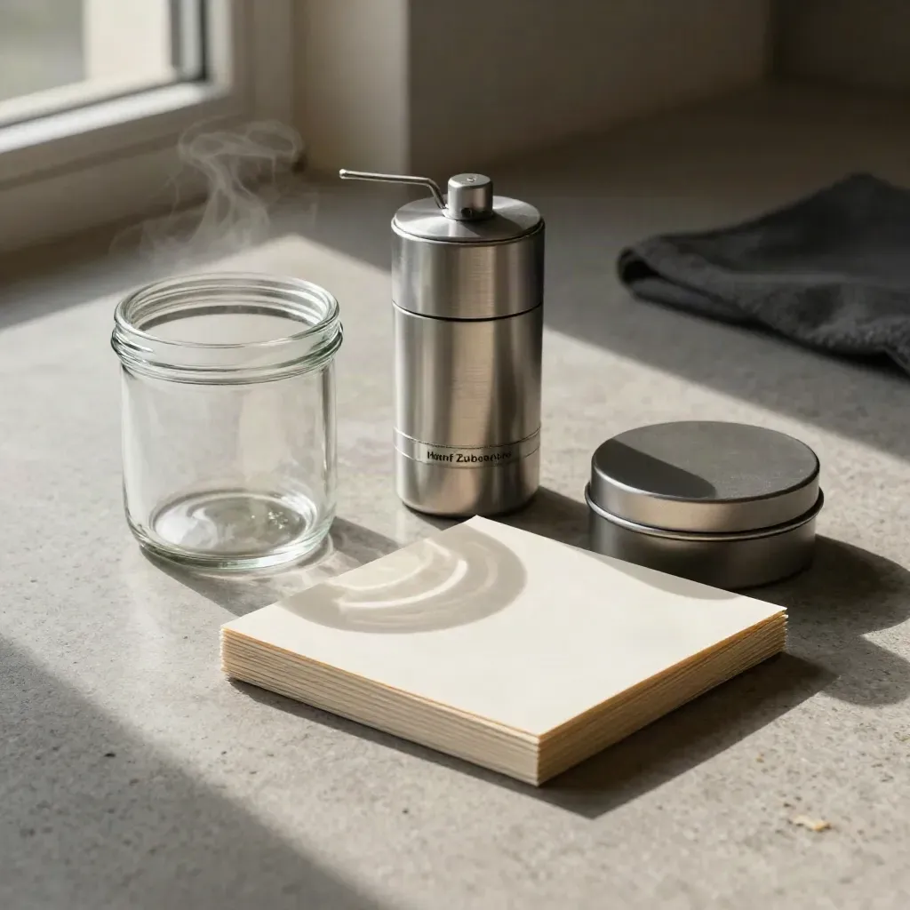 Hanf Zubehör Set mit Glasdose, Grinder, Papers und Dose auf Stein im weichen Licht.
