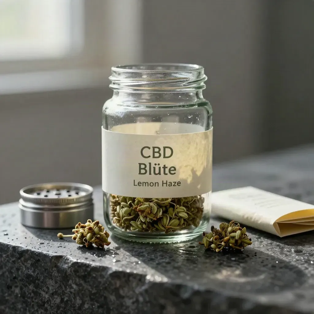 CBD-Blüte im Glas mit Grinder, Vorratsglas und Papers auf dunklem Stein