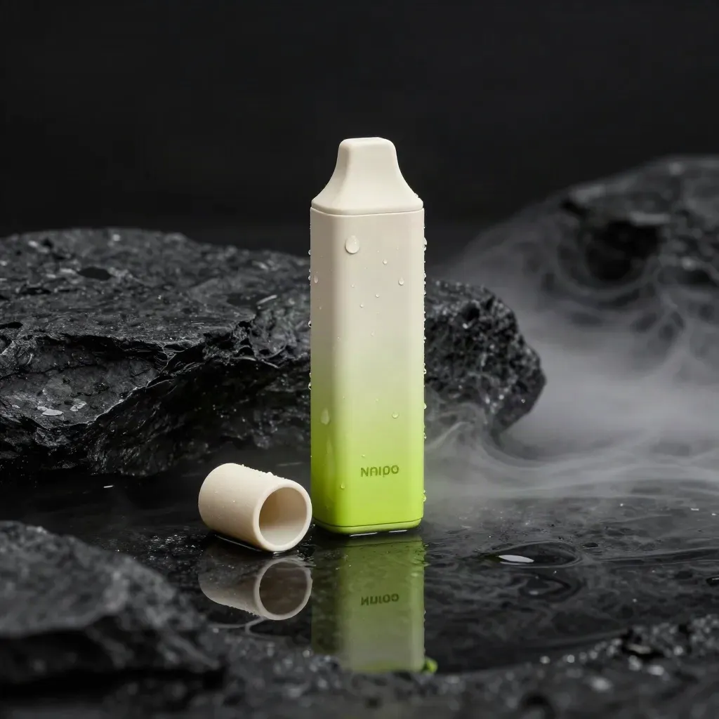 Matte Vape Pen mit Mundstück und Ladekappe auf nassem Basalt, kühl und dramatisch
