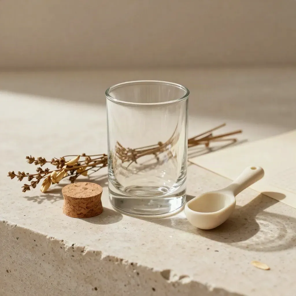 Aroma-Glas mit Korkring, Löffel und Kräuterstängeln auf hellem Travertin im Fensterlicht