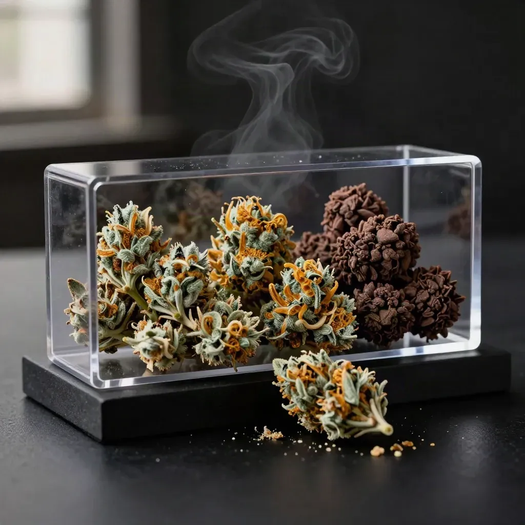 Offene CBD-Blütenbox mit drei Sorten, klarer Deckel, Blüten wirbeln auf schwarzem Untergrund.