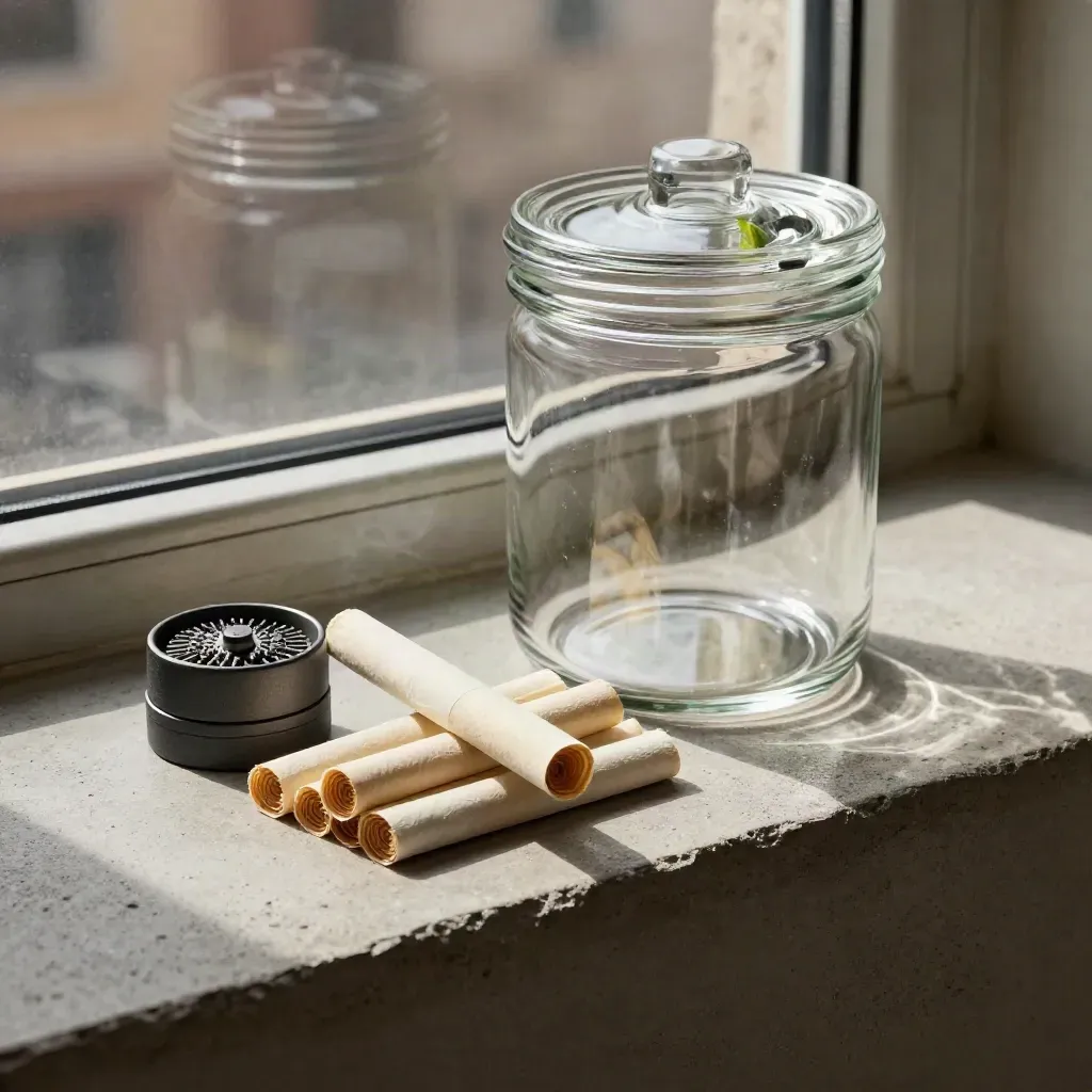 Starter-Set mit Papers, Grinder und Glasdose auf hellem Beton im urbanen Licht.