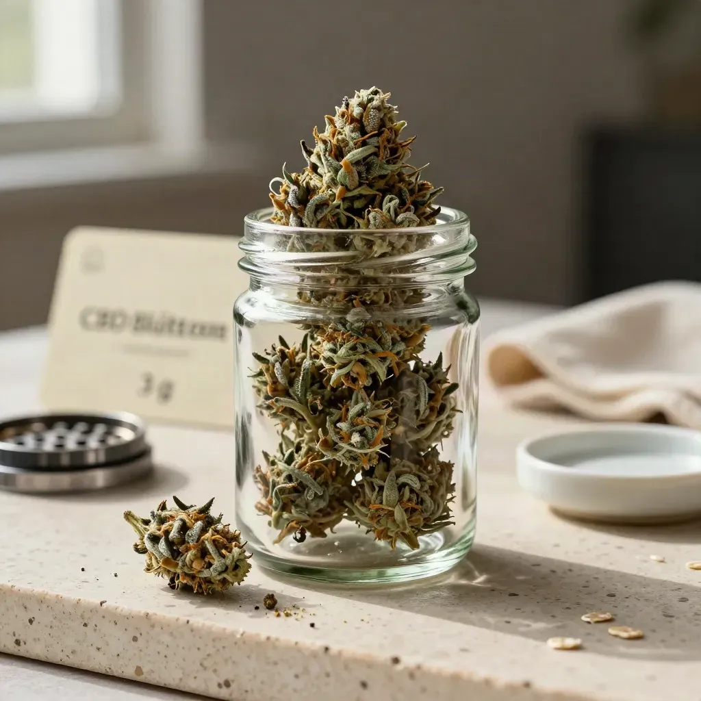 CBD-Blüte im Glas mit frostigen Buds auf hellem Travertin