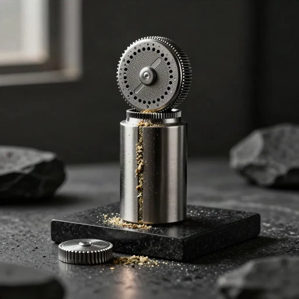 Offener Metall-Grinder auf dunklem Stein mit Herbstaub und kühlem Licht.
