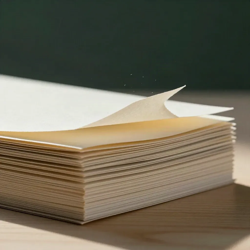 Makro von Hanfpapier-Heftchen mit leicht gefächerten Blättern und Filterkarte auf hellem Holz.