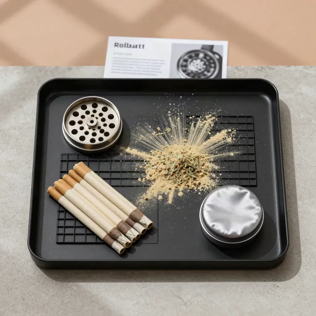 Schwarzes Rolltablett mit Grinder, Papers und kleiner Metalldose auf hellem Beton.