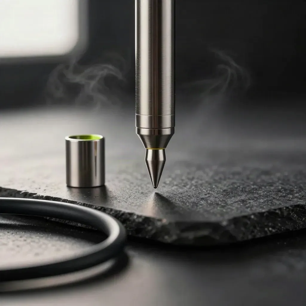 Polierte Vape-Spitze mit Kappe und Kabelschlaufe auf dunklem Stein im Nebel.