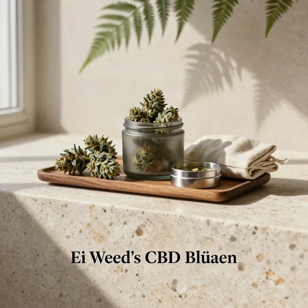 Travertin-Ledge mit CBD-Blüten, Glasdose und Farnschatten im warmen Licht.