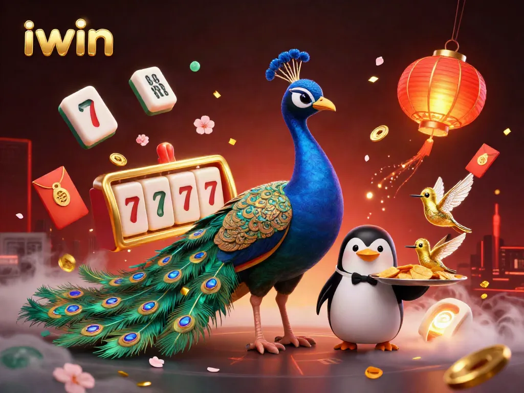 Engage with iwin's vibrant casino illustration featuring a peacock, chips, and dynamic gambling elements.