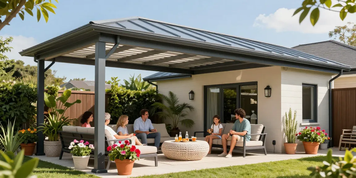 Moderne Terrassenüberdachung bietet einen einladenden Außenbereich für Familie und Freunde.