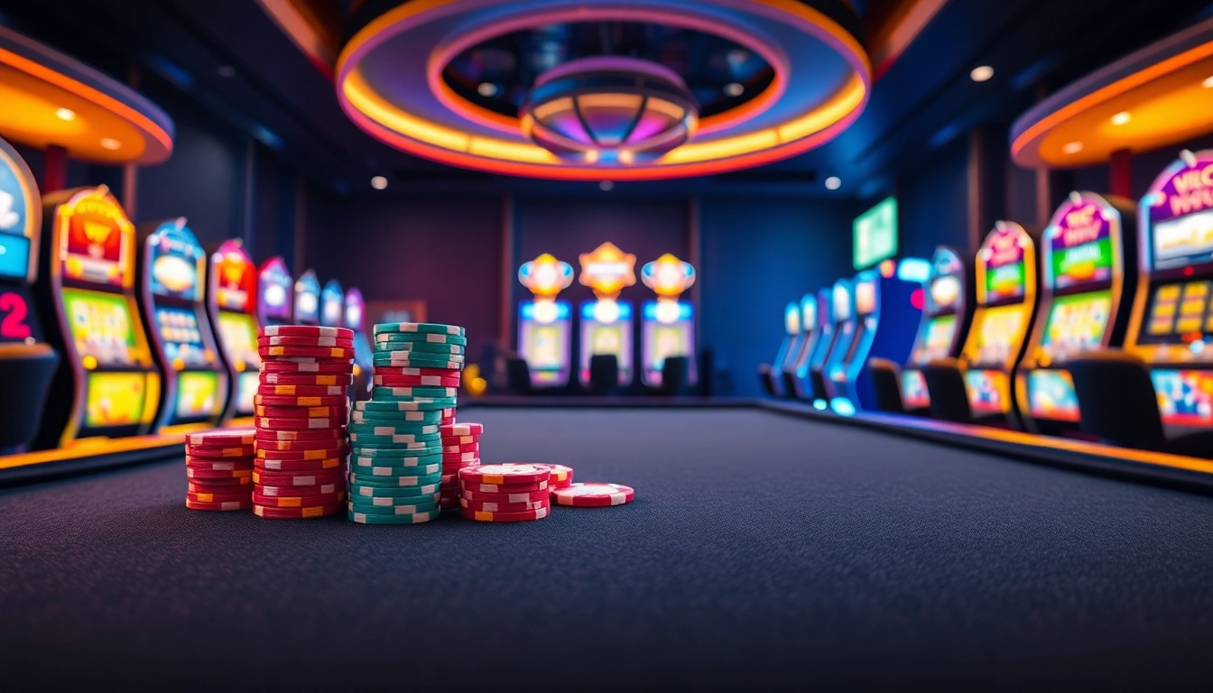 Online casino játék közben csillogó zsetonok és fényes nyerőgépek környezetében.
